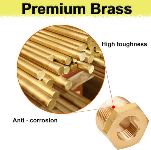 ZOUNI 2 Pcs Brass Reducer Hex Bushing, 1/2" NPT Male to 3/8" NPT Female Heavy Duty Pipe Fitting Adapter