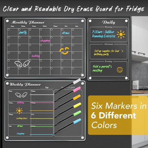 DIYMAG 3Pcs Acrylic Magnetic Dry Erase Calendar for Fridge, Clear Planning Board Set with 6 Highlight Markers, Weekly