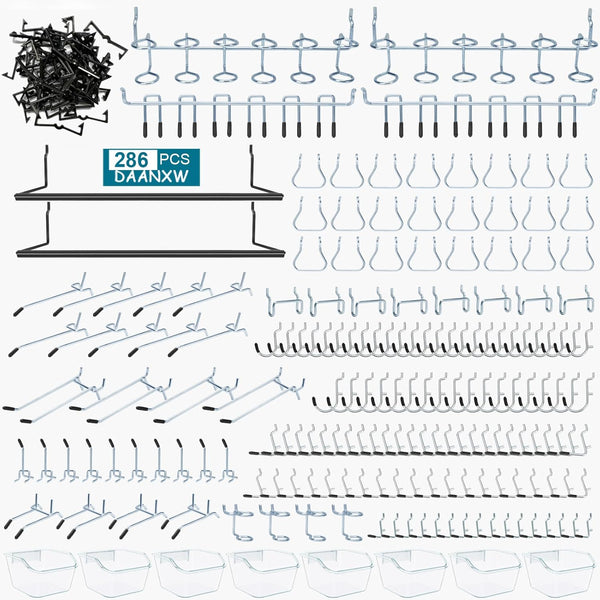 286PCS Pegboard Accessories Organizer Kit, Includes Pegboard Box for Various Tools, 1/8 and 1/4 inch Hooks Assortment
