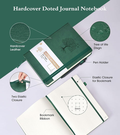 Dotted Journal Notebook, 360 Numbered Pages Bullet Dot Journals,100gsm Dot Paper Thick Hardcover Leather Journal for Writing Women Men, B5 Big Dotted Grid Notebooks for Work School Green by Ansopu