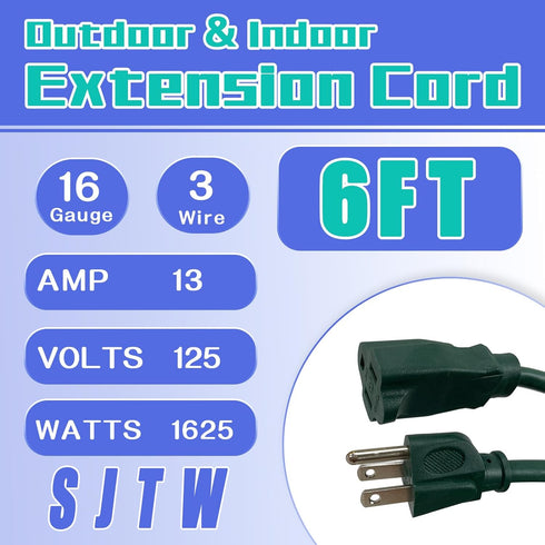 6 Ft Outdoor Extension Cord for Christmas Decorations, 16/3 SJTW Waterproof Power Cable with 3 Prong Plug