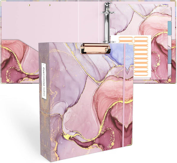 Ospelelf 3 Ring Binder 2 Inch, Cute Pink Marble Binder for Letter Size (11" x 8.5") with 5 Tab Dividers and Labels