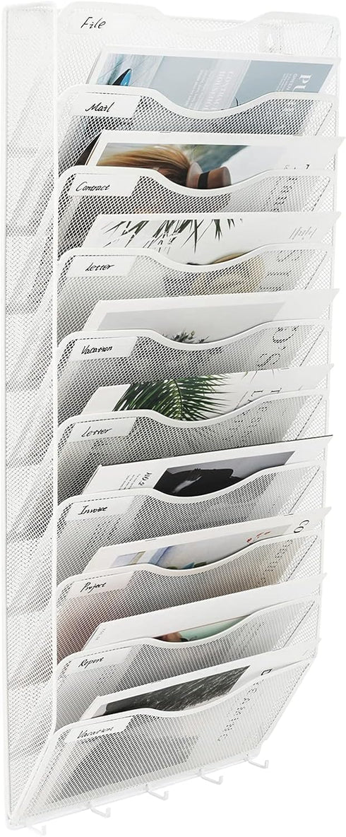 EasyPAG Hanging File Organizer - 10 Pocket Wall Mount File Holder with 5 Key Hook for Office and Classroom, White