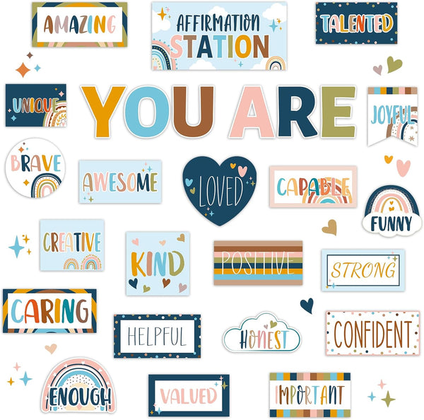Boho Affirmation Station Bulletin Board Set, Rainbow Bulletin Board for Classroom Decor with Motivational Accents