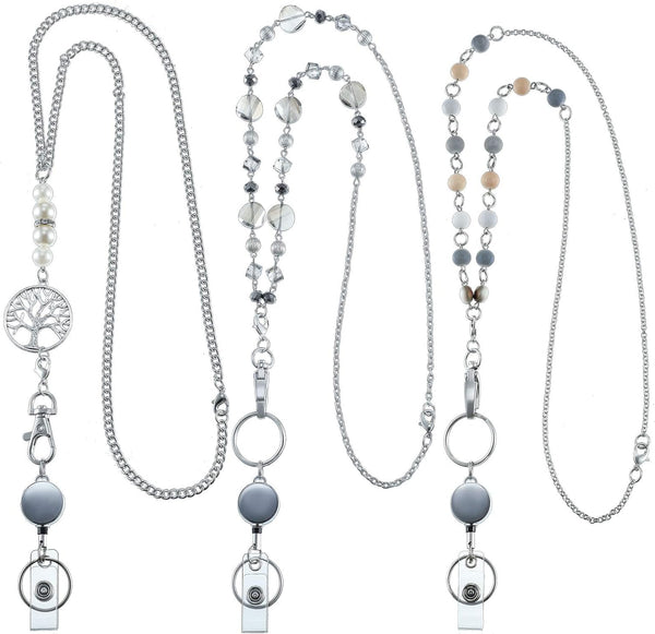 Hicarer 3 Pcs ID Badge Lanyard Necklace with ID Holder Clip, Stainless Steel Beaded Chain, Retractable Reel