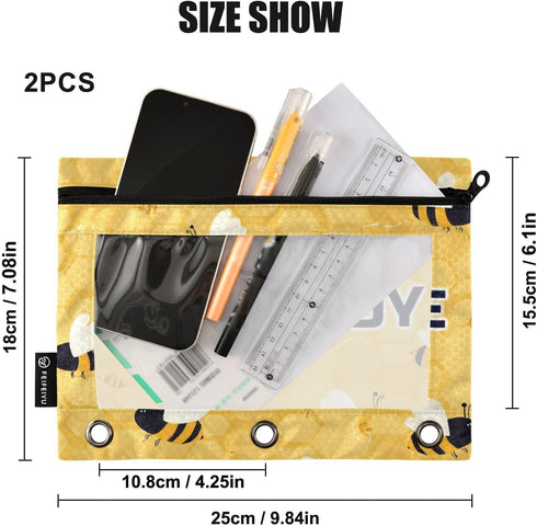 Gredecor 3 2 Pack Custom Binder Pencil Pouch Ring for School Office Yellow Bees Honey Honeycombs Personalized Zipper