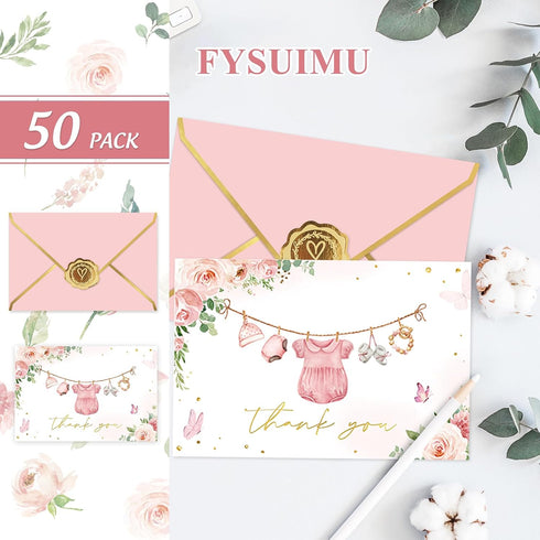 50 Pack 4 6 Inch FYSUIMU Baby Shower Thank You Card Pink Floral Clothes Greeting Card Foil Gold Flower Boxed Blank Note