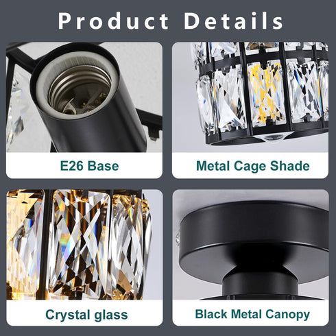 Ruibutrade 1-Light Black Hallway Light Fixtures, Modern Semi Flush Mount Ceiling Light, Crystal Chandelier for Bedroom