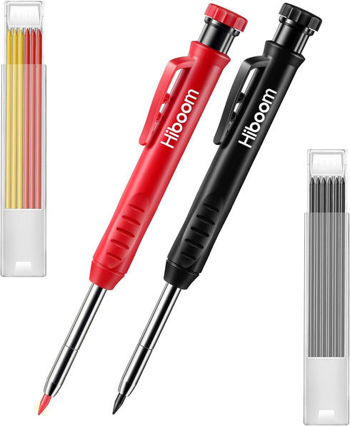 Hiboom 2 Pack Solid Carpenter Pencil with 14 Refill, Long Nosed Deep Hole Mechanical Pencil Marker with Built-in