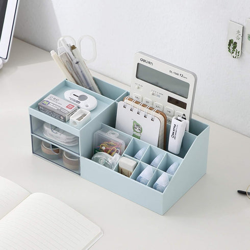 Vanity Makeup Organizer, Cosmetic Storage Box for Office Supplies, Mini Desk Storage for Bathroom or Dresser (Blue)