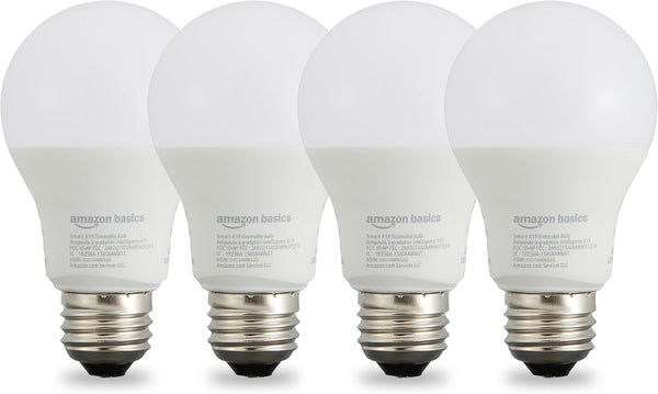 Amazon Basics Smart A19 LED Light Bulb, Dimmable Soft White (2700K), 9W