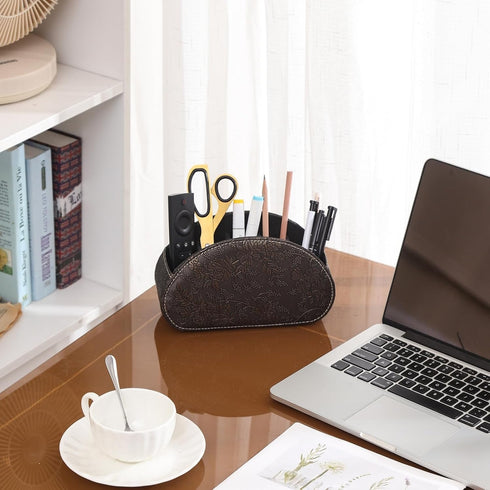 TV Remote Holder - PU Leather Organizer with 5 Compartments for Table, Office Desk for Pen and Stationary, Brown