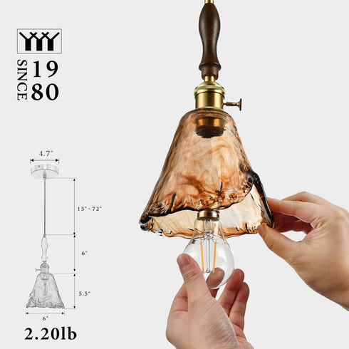 6"x11.5" 15"-72" E26 Modern Amber Glass Pendant Light, Floral Bell-Shaped Hanging Light with Wood Handle & Brass Cap