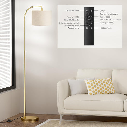 Dimmable Bulb, Ambimall Arc Floor Lamp with Remote and Stepless Colors Temperature & Brightness Adjustable, Gold Floor