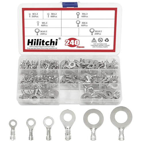 Hilitchi 240Pcs Tin-Plated Copper Non-Insulated Ring Crimp Terminals Assortment Kit for Crimp Electric Wire