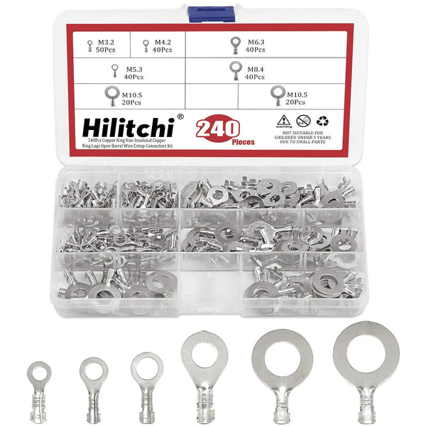 Hilitchi 240Pcs Tin-Plated Copper Non-Insulated Ring Crimp Terminals Assortment Kit for Crimp Electric Wire