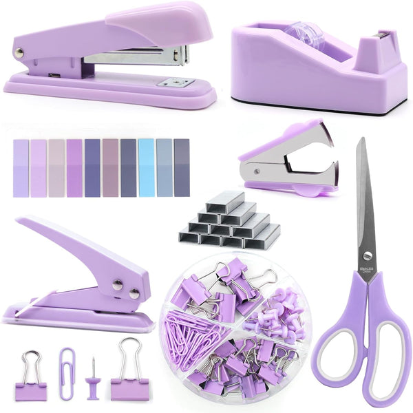 Sportsvoutdoors Purple Desk Accessories Set - Stapler and Tape Dispenser Kit, Gift for Students, Women, Boss Lady,
