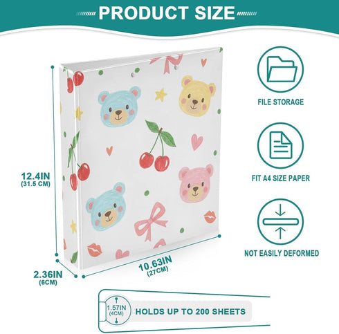 Wassud 3 1.5 Inch A4 2 Pack Crayon-Style Bears Ring Binder with Clip Round Ring Organizer with Clear Pocket Decorative