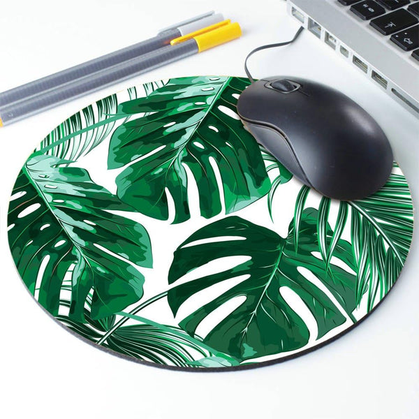 Tropical Leaf Mousepad - Round Mat - Beautiful Green Leaves with White Background - Round Mouse Pad