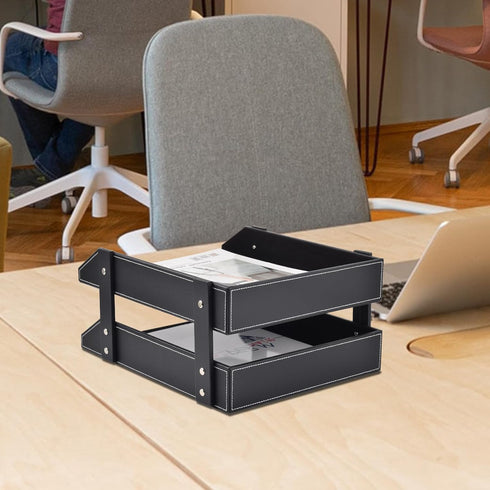 Leather Desk Organizer, 2-Tier Stackable Letter Tray Holder for Document, Stationery, Magazines, Black