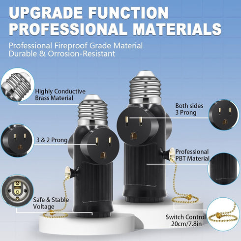 2 PCS Light Socket to Plug Adapter, E26 E27 Light Bulb Socket Adapter with Switch Control for 3 Prong Sockets