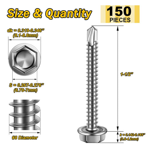 150pcs #8×1-1/2" Self Drilling Screws for Metal, 410 Stainless Steel Hex Washer Head, Corrosion Resistant