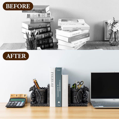 MyGift Black Resin Dragon Decorative Bookends, Heavy Books with Pencil Holder for Desk, Office Supplies Fantasy Dragons