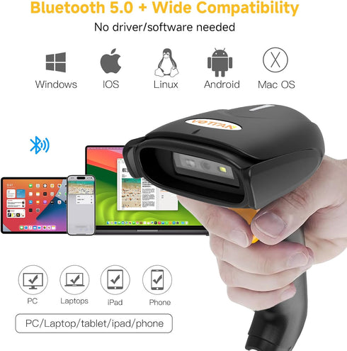 VOTTAN 2D 2.4G 1D PDF417 2D QR Barcode Scanner, Bluetooth & Wireless & USB Wired Connect iPad Phone Tablet PC POS, UPC