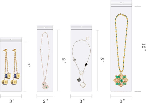 3 x 12" Long Jewelry Bags, Clear 100pcs Clear Necklace Bags with Hang Hole, Poly Zip Seal Storage Bags for Packaging
