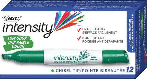 BIC Intensity Low Odor Dry Erase Marker, 12 Pack, Chisel Tip, Green, Non-Toxic Markers