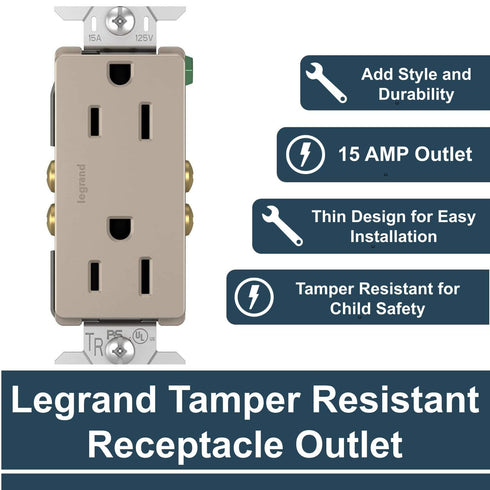 Legrand radiant 885TRNICC12 15 Amp Tamper Resistant Decorator Duplex Outlet, Side Wire or Push Wire, Nickel (1 Count)