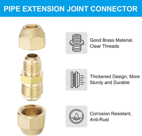 PATIKIL 3/8" to 1/2" Pipe Extension Joint Connector, 2pcs Free Welding Brass Coupler Adapters with 4pcs Flare Nuts