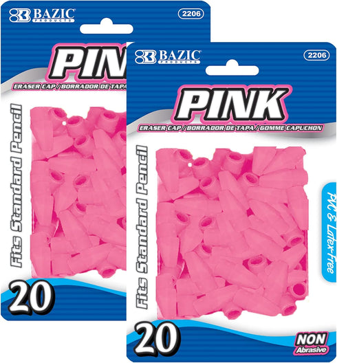 BAZIC Pink Eraser Tops, Latex Free Pencil Caps for Student Art Drawing School Supplies (20/Pack), 2-Packs