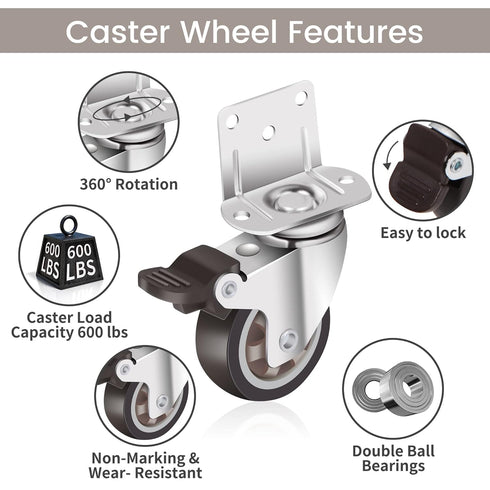 Nefish Side Mount Casters, 2 Inch L-Shaped Small Rubber Caster Set of 4, 360 Degree Plate Swivel, 600 LBS Capacity
