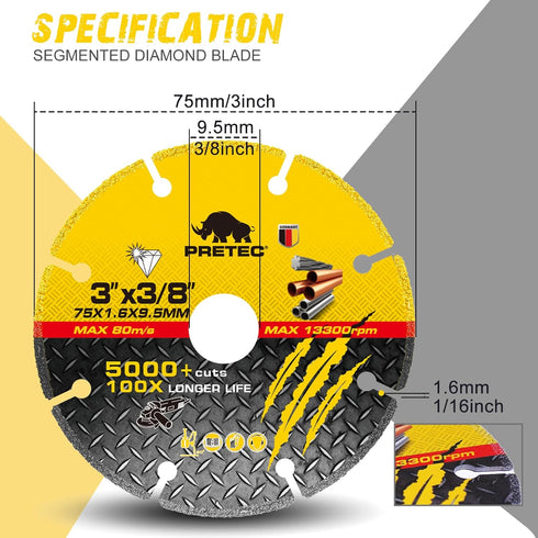 3 Inch Diamond Cutting Wheel for Metal, 2 Pcs Carbide Cut Off Wheels with 3/8" Arbor Hole, 3'' Angle Grinder Cutting Disc with 5000+ Cuts on Rebar, Steel, Iron and INOX, 100x Longer Wheel Life