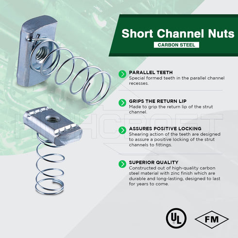 OTDT-A50 3/8 inch Thread x 1-3/8 inch Strut Channel Nuts with Short Spring, Carbon Steel with Zinc Finish, 50 Pack