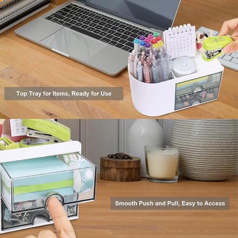Desk Organizer with Drawer, Small Pencil Holder, 2 Drawers + 4 Compartments for Office Home Storage (White)