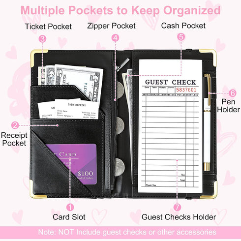 Server Book, Cute Server Books for Waitress, PU Leather Serving Book with Zipper Pocket & Pen Holder, Waitress Books