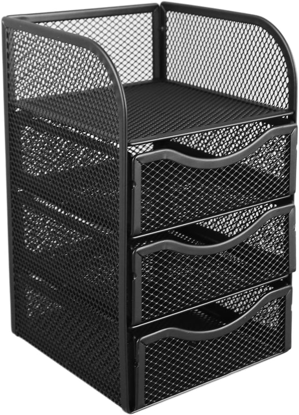 HEEPDD 3 Tier Mesh Office Desktop Organizer with 3 Drawer, Mini Desk Supplies Organizer, Metal Stationary Black Desk