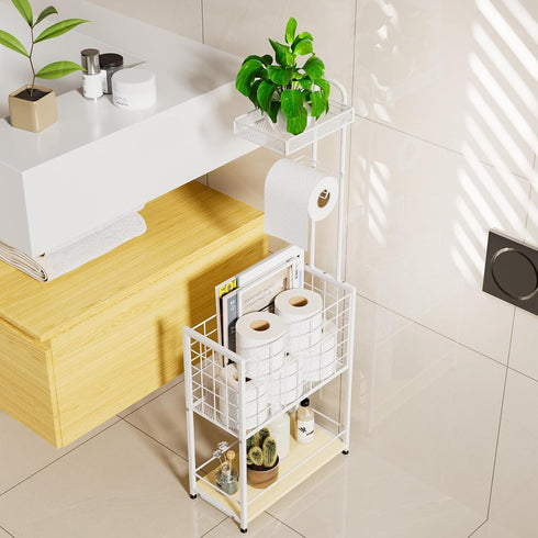 4-Tier SWTYMIKI Freestanding Toilet Paper Holder - Free Standing Toilet Paper Holder Stand with Shelf, Bathroom Storage