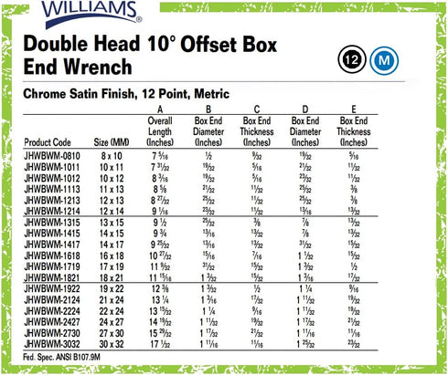 Williams BWM-1315 10-Degree Offset Box End Wrench, 13 by 15 Millimeter