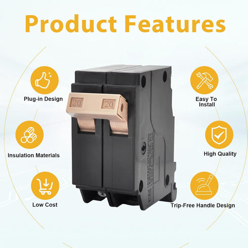 New Upgrade 220 2-Pole 20-Amp Circuit Breaker, 3/4-Inch Plug-On Molded Case Thermal Magnetic Protection 120/240V