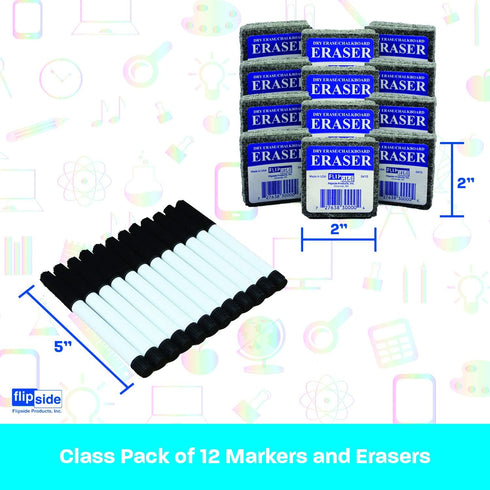 Flipside Products 12 Student Erasers and 12 Black Dry Erase Markers, Class Pack for Classroom