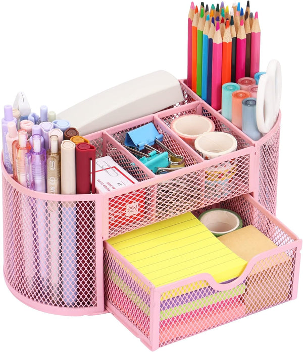 EOOUT Pink Desk Organizer - Mesh Pen Holder with 8 Compartments and 1 Drawer for Office, Home, School