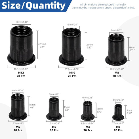 Glarks 320Pcs M3 M4 M5 M6 M8 M10 M12 Set Metric Rivet Nuts Kit Rivet Nuts Black Zinc Plated Carbon Steel Flat Head