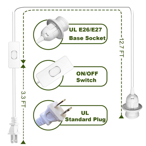 16Ft E26 E27 1 Pack Pendant Light Kit, White Plug in Hanging Lantern Cord Cable Corded Light Socket with On/Off Switch