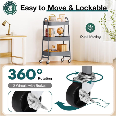 Generic 3 Tier Rolling Cart, Metal Utility Cart with Wheels, Lockable Storage Organizer for Kitchen, Bathroom, Living