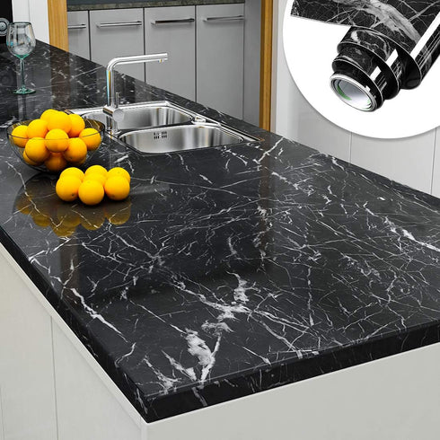YENHOME Black Marble Contact Paper, 17.7"X118", Peel and Stick Wallpaper for Countertops, Glossy Marble for Bathroom