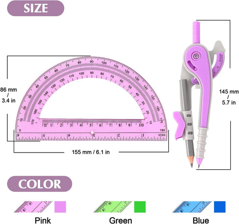 ZZTX Set 180-Degree 3 Compass and Protractor for Geometry, Protractor and Compass for Students, Math Drawing Tools