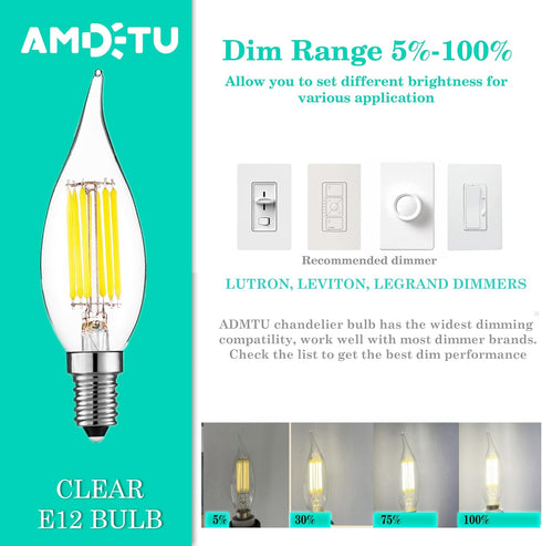 AMDTU 4000k Dimmable LED Chandelier Light Bulbs, 6 Pack, E12 Daylight White, 6W 60Watt Equivalent for Kitchen, Dining
